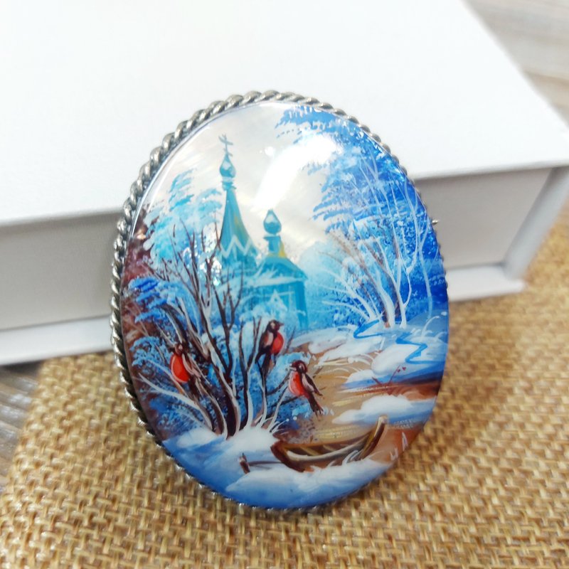 Handmade dainty jewelry: Church near river in winter season on lacquer brooch - Brooches - Shell Blue