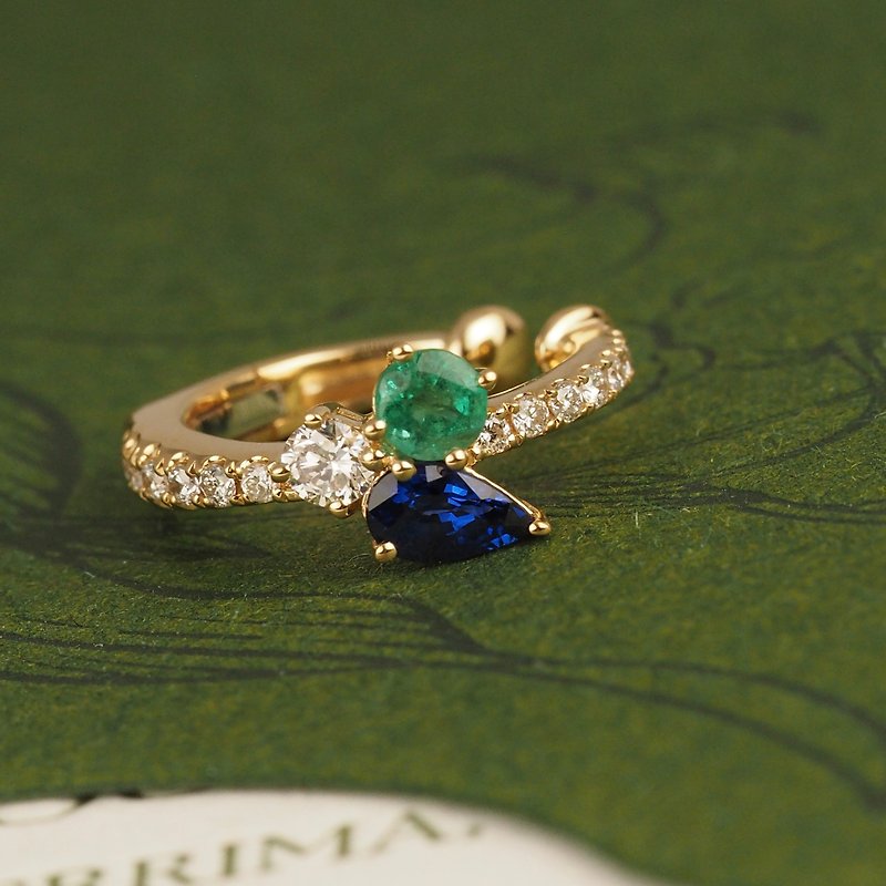 18K Gold Blue Sapphire Pear and Emerald Round Diamond Band Ear Cuff - ต่างหู - เครื่องประดับ 