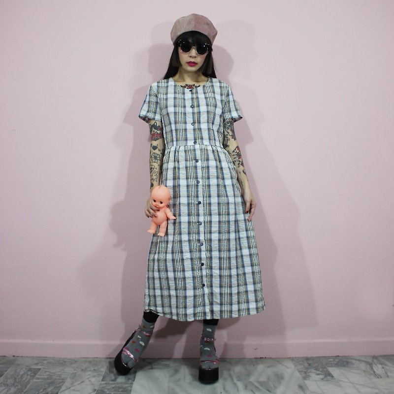 (Vintage dress) gray blue and white check pattern with waist strap Japanese vintage dress (birthday gift) F3220 - One Piece Dresses - Cotton & Hemp White