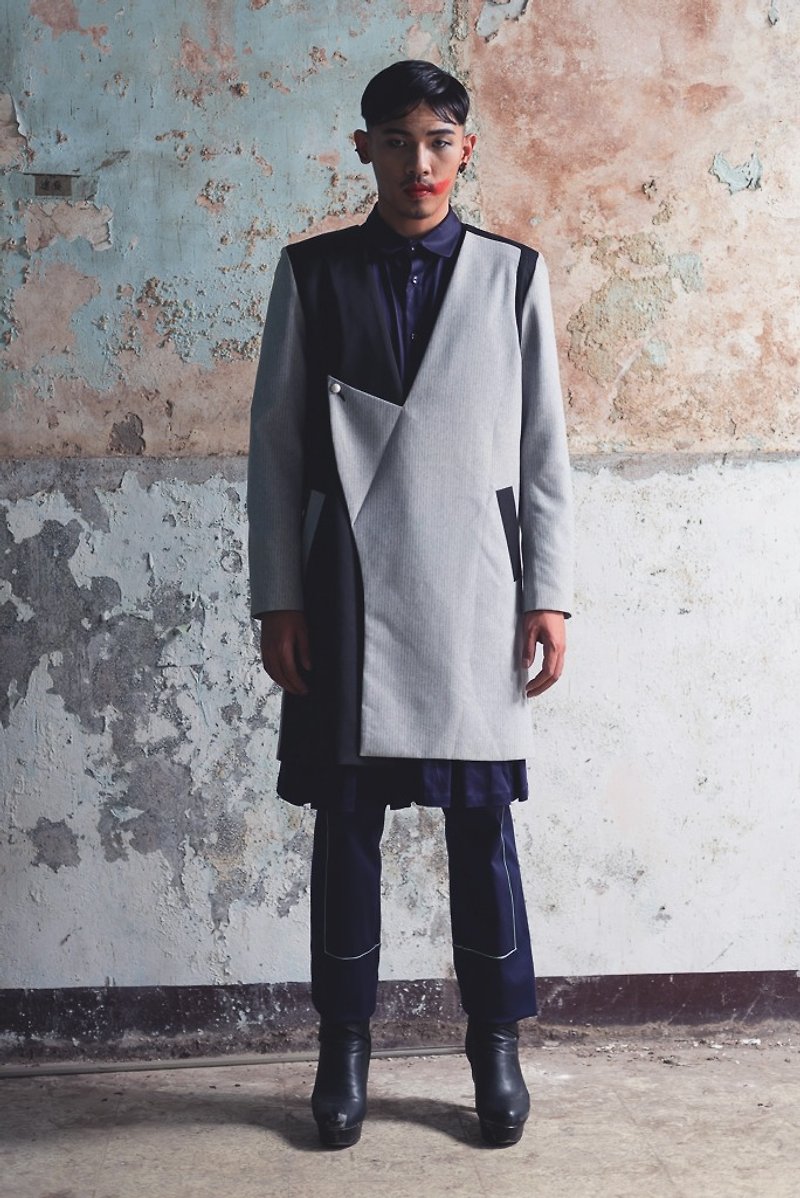 變化領長版毛料大衣(162J03) - 外套/大衣 - 羊毛 灰色