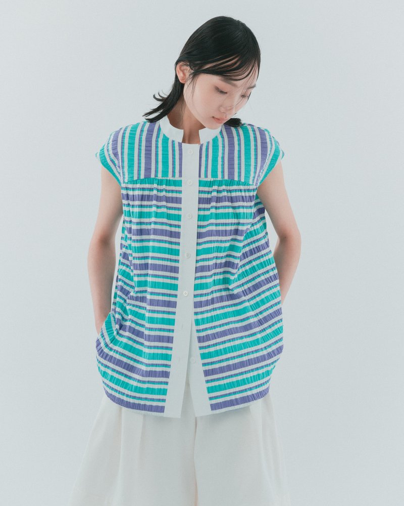 UUIN_Purple and green striped sleeveless shirt - เสื้อเชิ้ตผู้หญิง - ผ้าฝ้าย/ผ้าลินิน หลากหลายสี