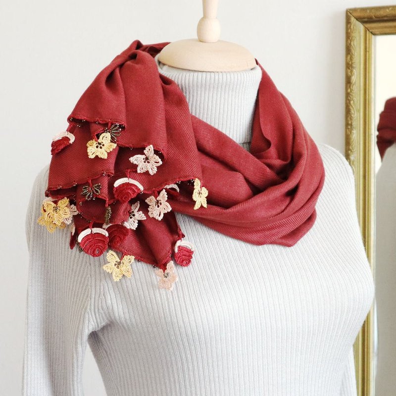 OYA crochet Pashmina shawl  - BIJOU - Terracotta - ผ้าพันคอ - ขนแกะ สีแดง