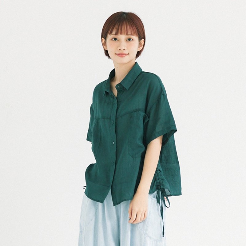 【Simply Yours】Drawstring Ramie Short Shirt Green F - Women's Shirts - Cotton & Hemp Green