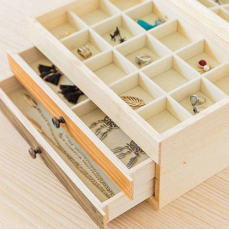 [Double Draw Jewelry Box with Mirror] Log Wooden Box Wedding Gift Birthday Gift - กล่องเก็บของ - ไม้ 