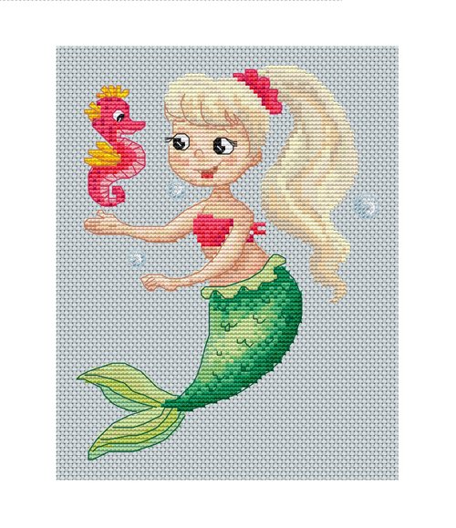 maplesquirrelstitch Mermaid blond Cross-stitch PDF Pattern Mermaid and sea horse Embroidery Pattern