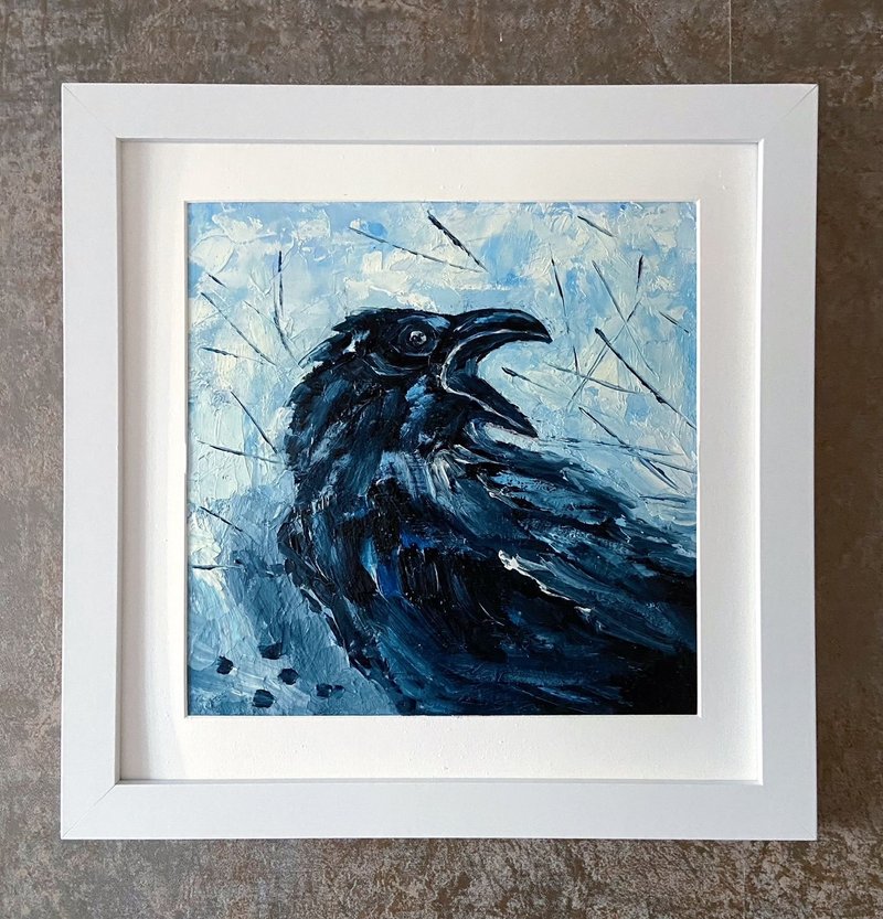 Black crow Raven Bird painting 烏鴉鳥畫 Original oil painting Expressionism Wall dec - ตกแต่งผนัง - โลหะ สีดำ