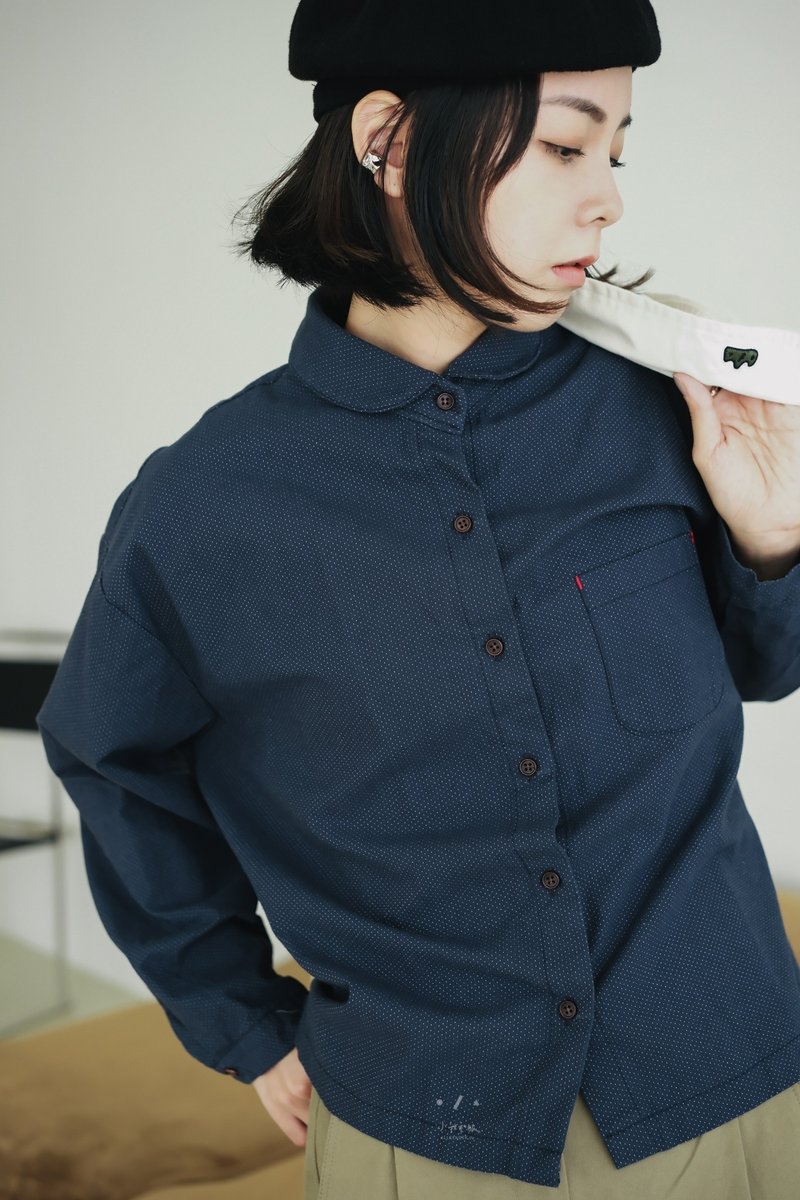 French needlework small shirt - 3 colors - blue thread - เสื้อเชิ้ตผู้หญิง - ผ้าฝ้าย/ผ้าลินิน สีน้ำเงิน