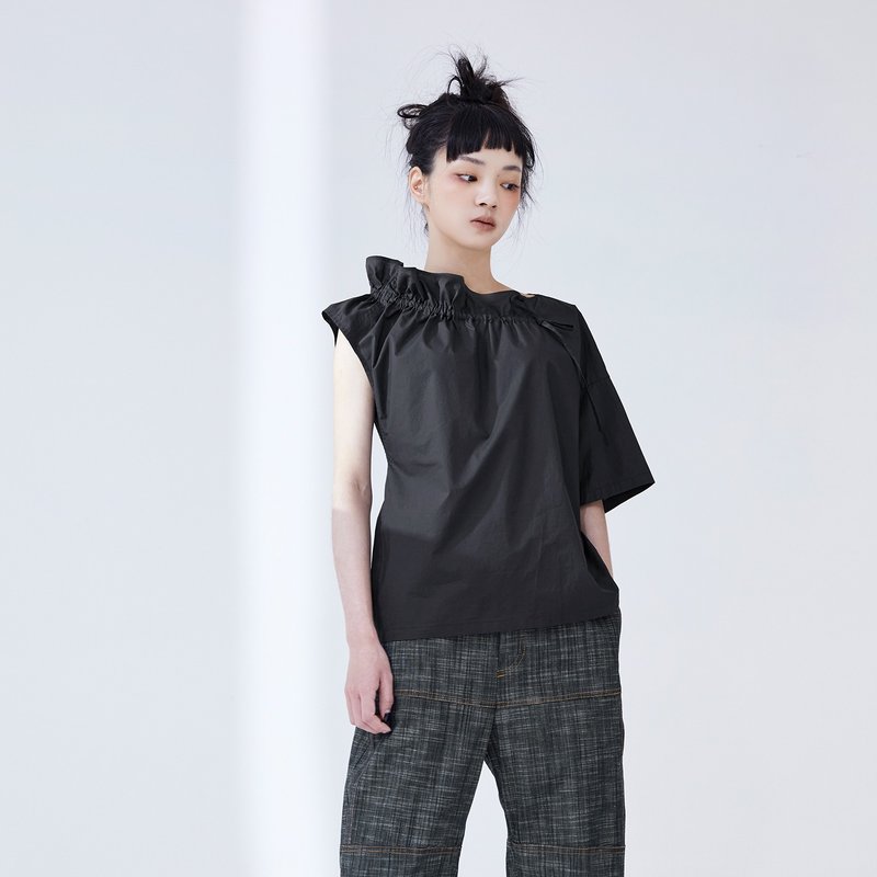 不對稱抽繩上衣 - 女上衣/長袖上衣 - 棉．麻 藍色