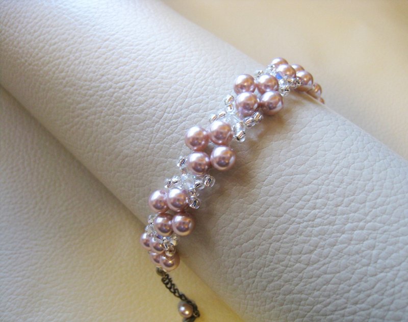 Silky Pearl & Swarovski Crystal Bracelets / SMA : Pink Bridal* - 手鍊/手鐲 - 水晶 粉紅色