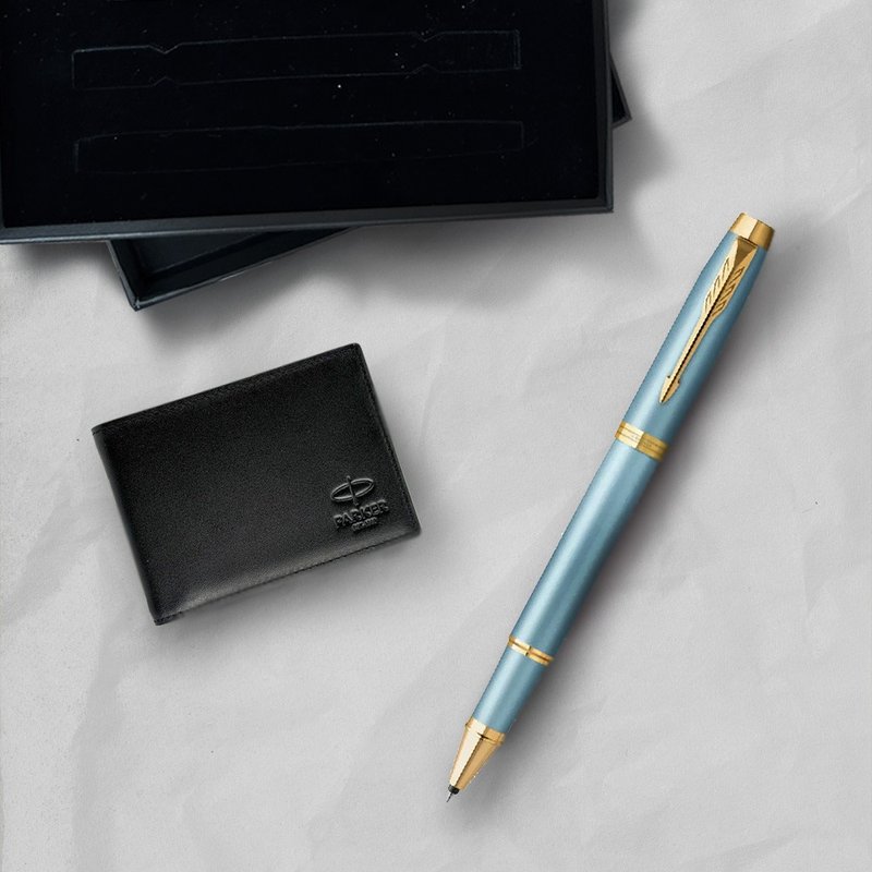 PARKER New IM Series Aqua Blue Ball Pen Cowhide Short Clip Gift Box Free Engraving (Original) - ไส้ปากกาโรลเลอร์บอล - วัสดุอื่นๆ สีน้ำเงิน