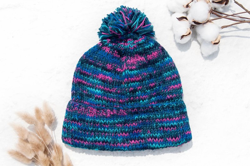 手織純羊毛帽/針織毛帽/內刷毛手織毛帽/手工針織毛線帽-藍色彩虹 - 帽子 - 羊毛 藍色