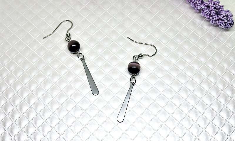 Stainless Steel X Natural Stone Hook Earring <Purple Cat Eye> - Earrings & Clip-ons - Gemstone Purple