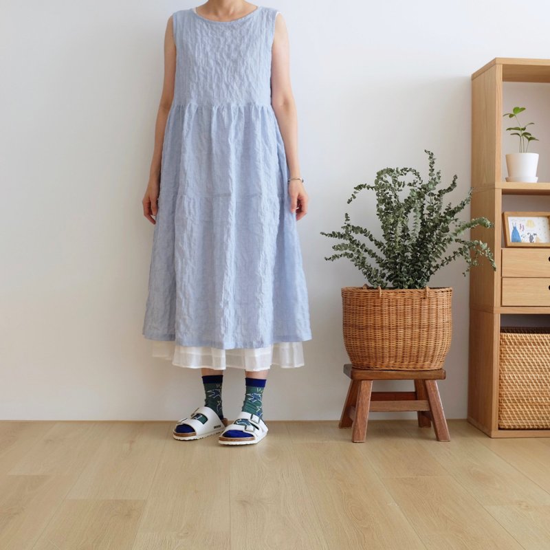 Daily handmade clothing pinstripe blue double layer cake vest dress pure cotton - One Piece Dresses - Cotton & Hemp Multicolor