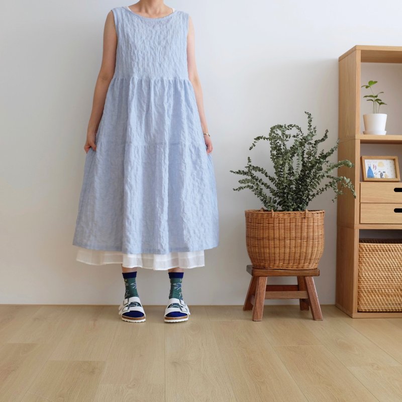 Daily handmade clothing pinstripe blue double layer cake vest dress pure cotton - ชุดเดรส - ผ้าฝ้าย/ผ้าลินิน หลากหลายสี