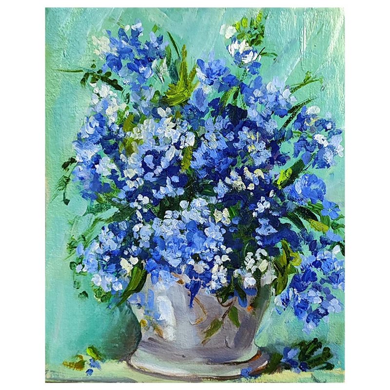 Bluebonnet Original Art Forget me Oil Art Floral Artwork Flower Art - 海報/掛畫/掛布 - 紙 多色