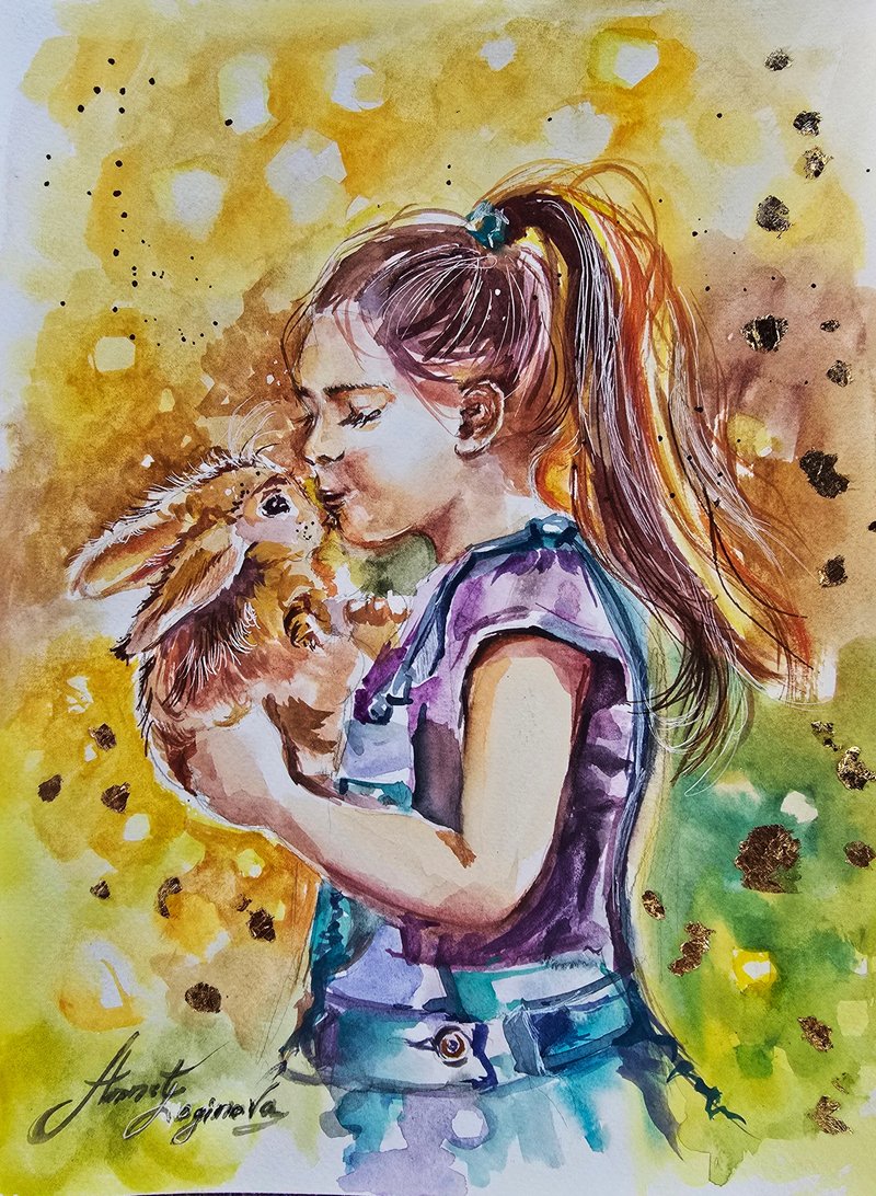 Girl and rabbit watercolor painting on paper - Wall Décor - Other Materials Orange