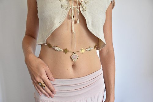 SARINAS white belly jewelry with golden stars, macrame rose quartz waist belt,