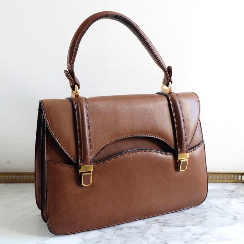 French Vintage Brown Leather Handbag - กระเป๋าถือ - หนังแท้ สีนำ้ตาล