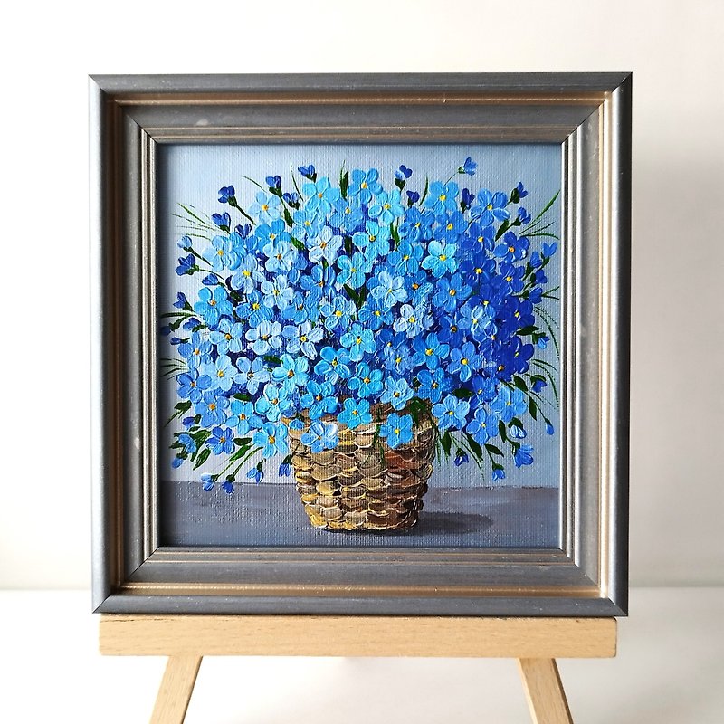 Forget-me-nots acrylic painting. Bouquet of blue flowers art impasto wall decor - ตกแต่งผนัง - อะคริลิค สีน้ำเงิน