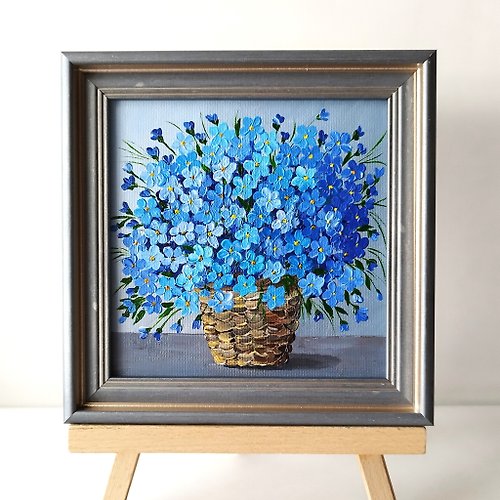 Artpainting Forget-me-nots acrylic painting. Bouquet of blue flowers art impasto wall decor