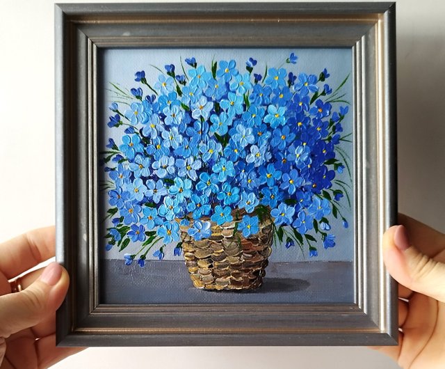 Small wall art Blue flower painting canvas Mini painting forget me not  flowers - Shop Artpainting Wall Décor - Pinkoi