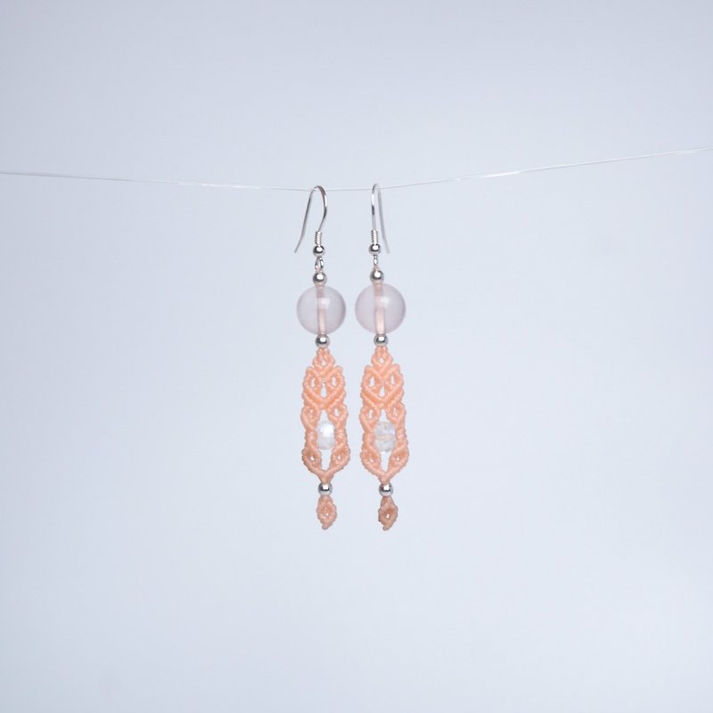 Rose Quartz Moon Paraffin Thread Braided Earrings - Earrings & Clip-ons - Gemstone Pink