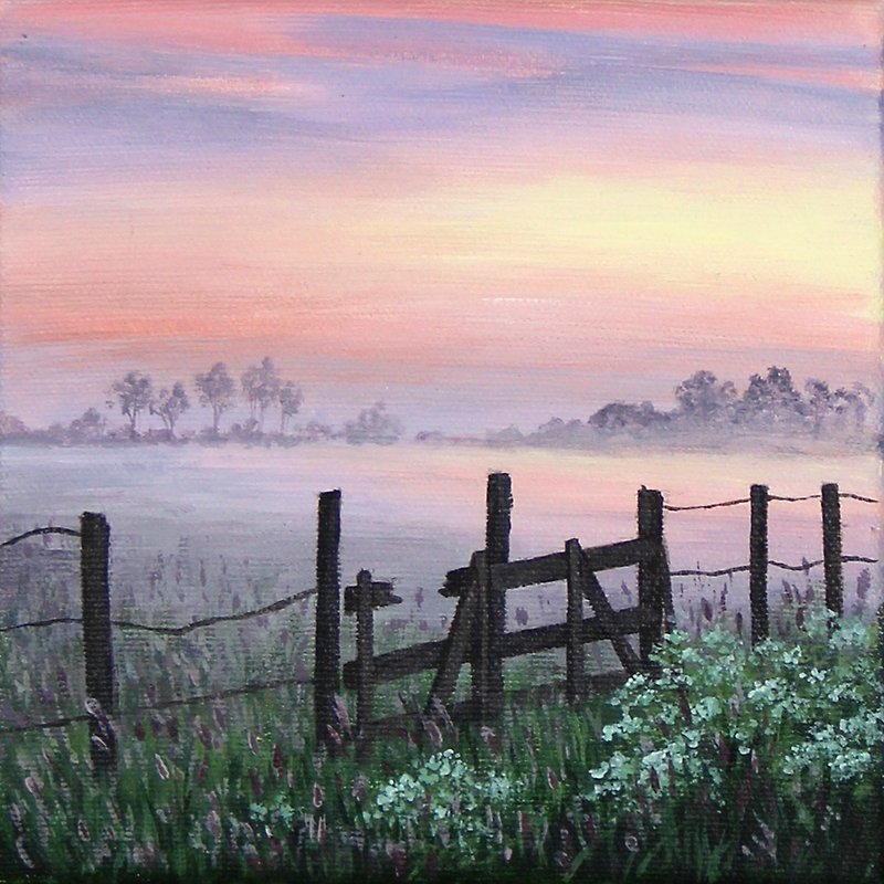 Landscape Painting Foggy dawn Hand-Painted Original Art Hanging acrylic painting - โปสเตอร์ - ผ้าฝ้าย/ผ้าลินิน สึชมพู