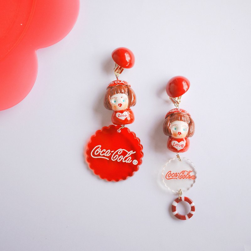 Clay hand-made cocacola cocacola girl fun earrings Clip-On - Earrings & Clip-ons - Clay Red