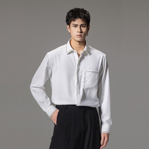 PINLI品立 男士尖領休閑長袖襯衫 春季鉚釘休閑上衣