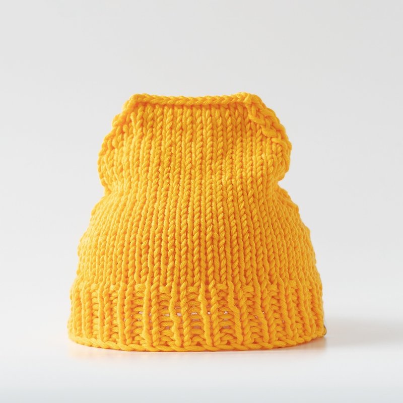 OTB114 梯型手工編織毛帽－亮黃 - 帽子 - 棉．麻 黃色