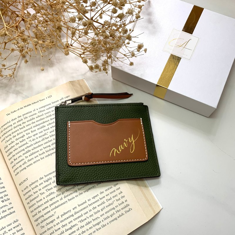 [Customized] Free engraving genuine leather travel wallet hot stamping name customized customized name design - Wallets - Genuine Leather Green