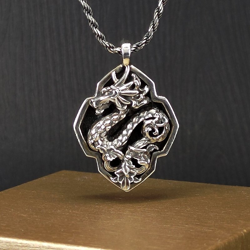 Oriental Dragon Motif Emboss Silver Pendant. Zodiac Dragon Year Amulet. - Necklaces - Sterling Silver Silver
