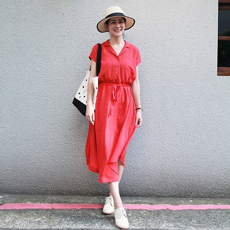 GT橘格格復古領抽繩長洋 - 洋裝/連身裙 - 聚酯纖維 紅色