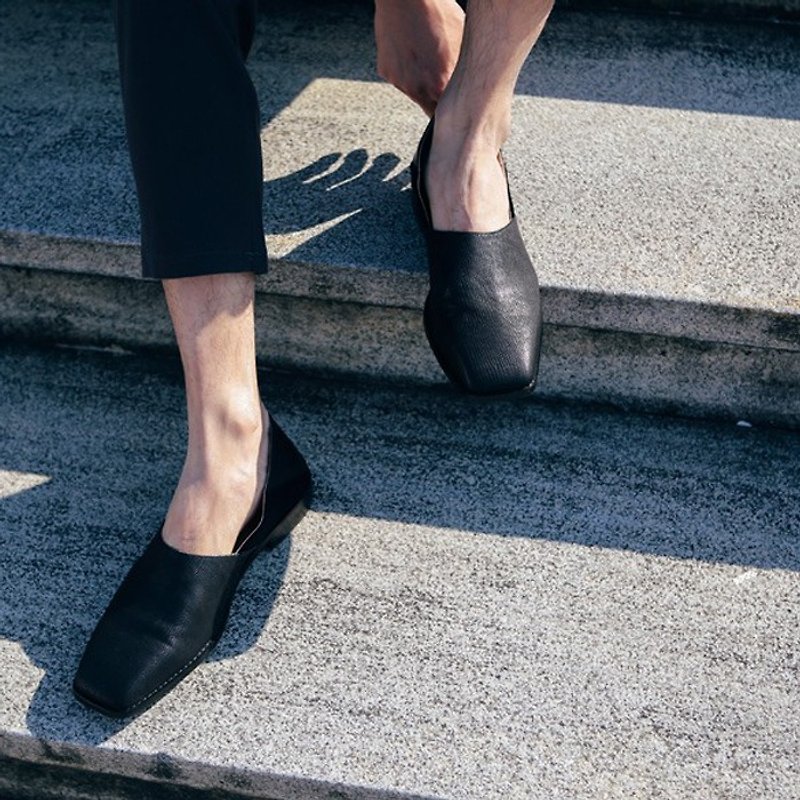 [Show products clear] slant structure splicing square head rate slippers leather shoes black men - รองเท้าหนังผู้หญิง - หนังแท้ สีดำ