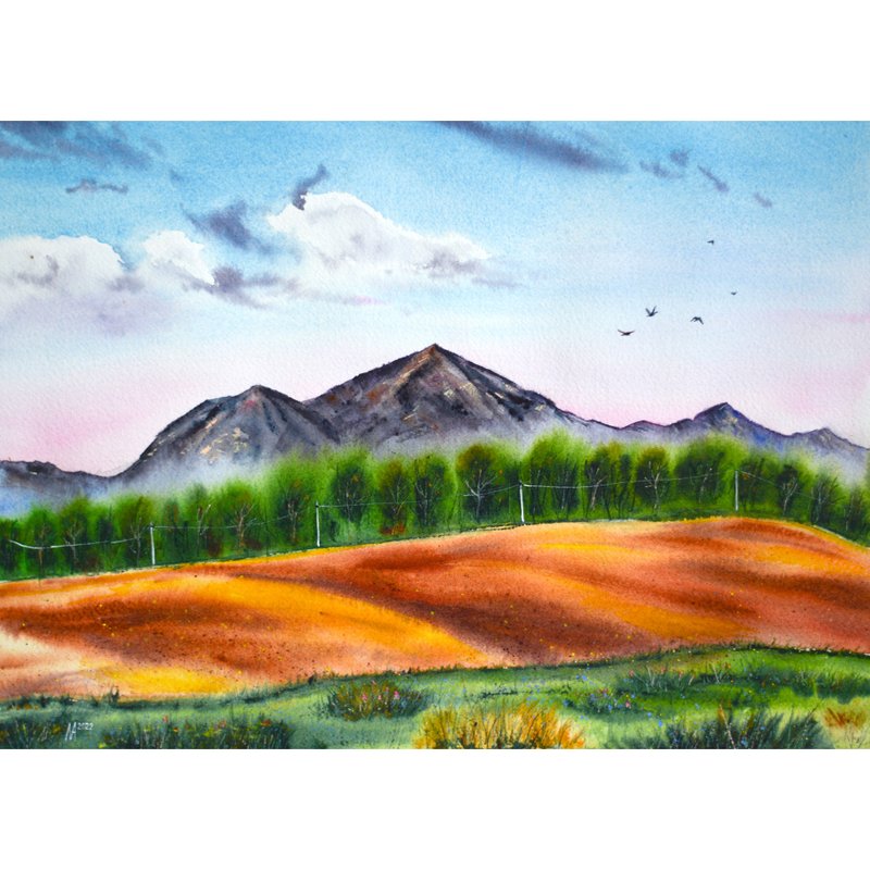 Original Watercolor Caucasus Mountains Painting Landscape Handmade Artwork - โปสเตอร์ - กระดาษ หลากหลายสี