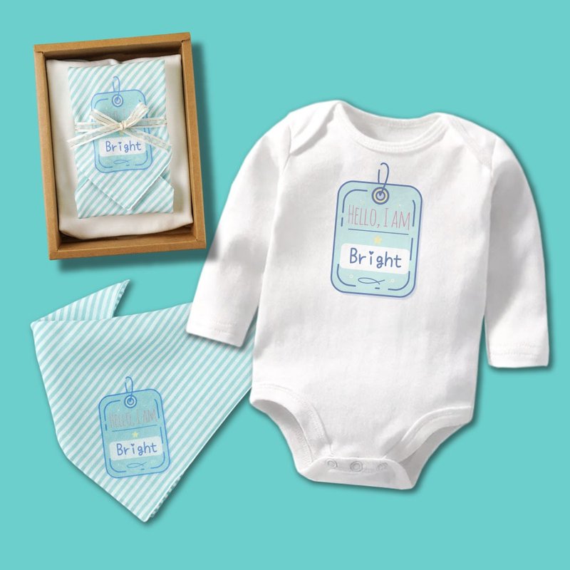Hello, I am customized Pearl Turkish blue badges long sleeves baby bodysuit - ของขวัญวันครบรอบ - ผ้าฝ้าย/ผ้าลินิน สีน้ำเงิน