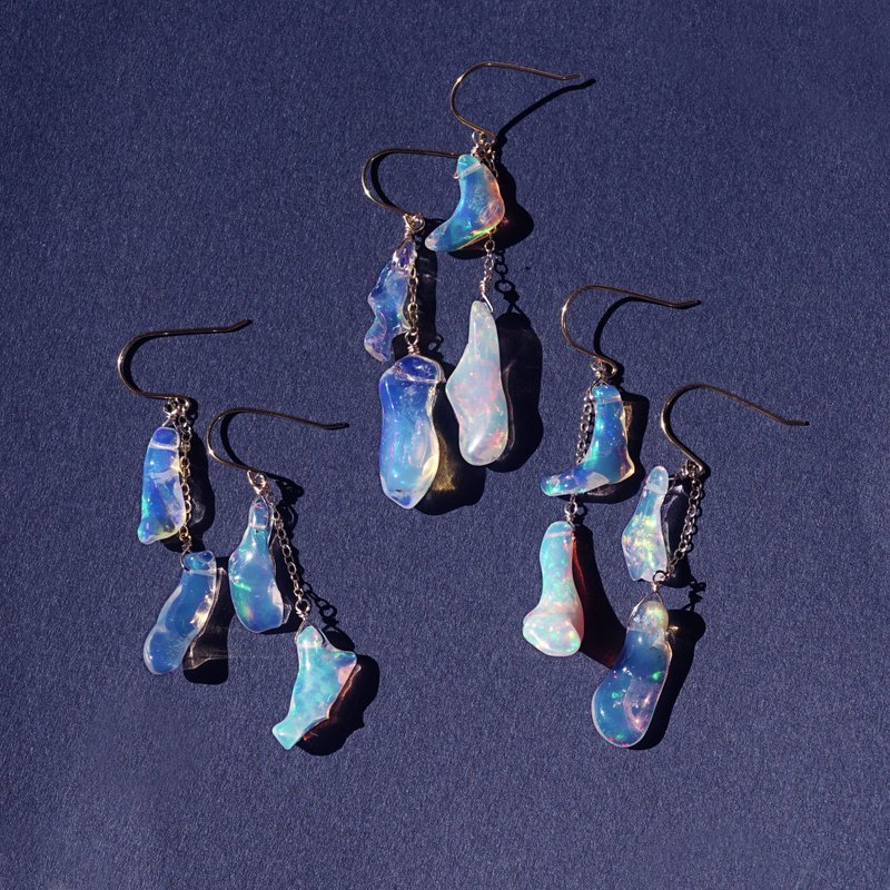 14KGF Ethiopian Opal Rough Tumble Fringe Earrings Pallas - ต่างหู - เครื่องเพชรพลอย ขาว