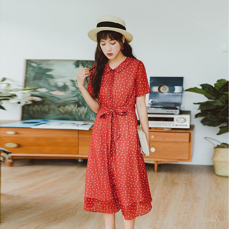 Anne Chen 2018 summer new literary women's clothing this cloth detachment belt wave point dress dress - ชุดเดรส - วัสดุอื่นๆ สีแดง