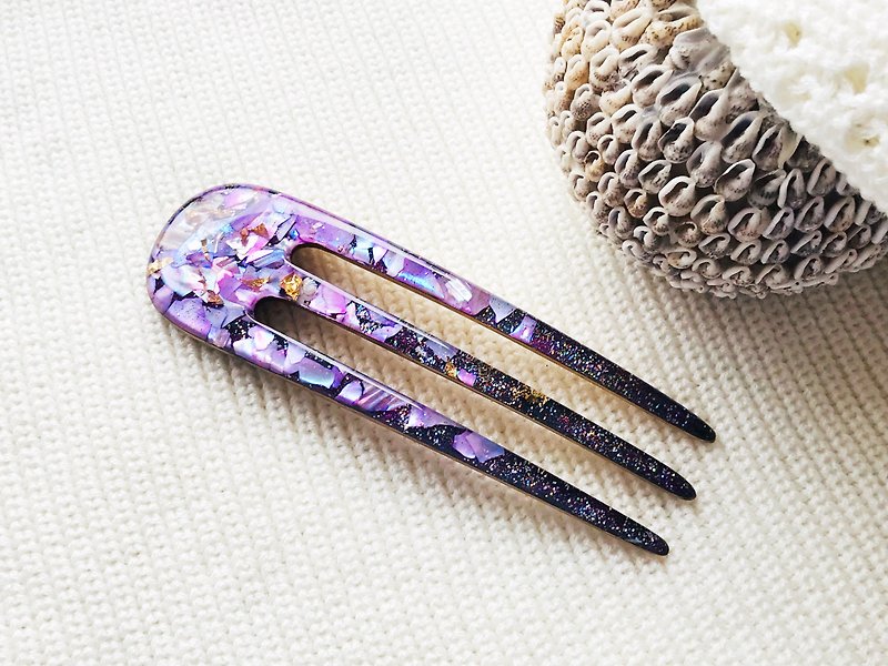 髮飾+木頭+樹脂+紫色+珍珠母貝+手工製作 - 髮夾/髮飾 - 壓克力 紫色
