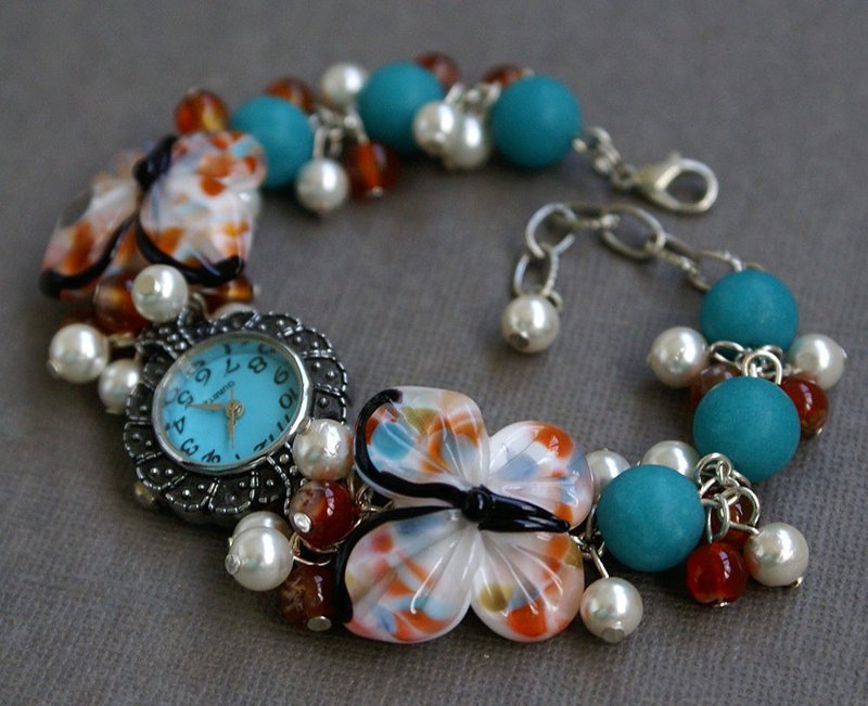 Turquoise blue with brown watch with lampwork butterflies, handmade beaded watch - นาฬิกาผู้หญิง - แก้ว สีน้ำเงิน