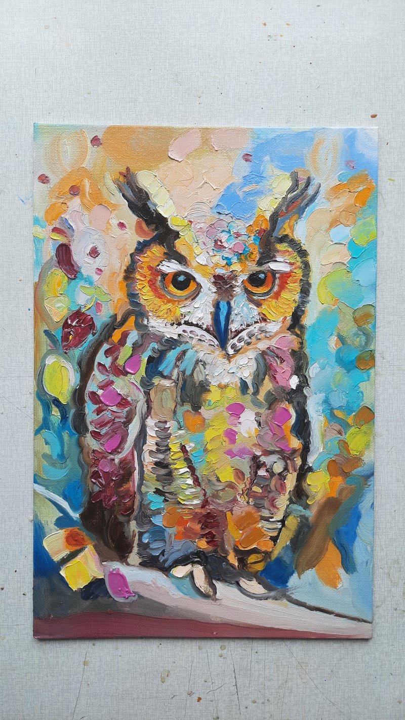Owl Art Bird Colorful Original Art  Oil Painting  Oil On Cardboard 30 by20sm - 壁貼/牆壁裝飾 - 其他材質 橘色