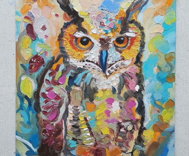 フクロウアート鳥カラフル オリジナルアート 油絵 段ボールに