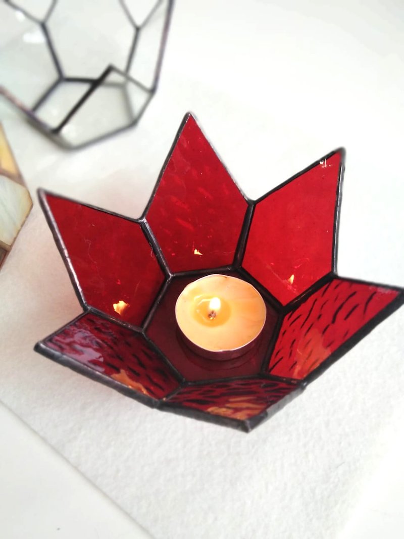 Fall wedding decor unique red glass candle holder -red stain glass candle holder - 香氛蠟燭/燭台 - 玻璃 紅色