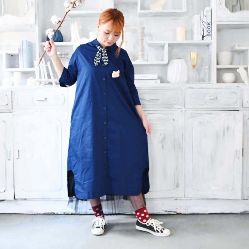 領結長版襯衫外套/展示品6折出清只有一件 - 女襯衫 - 棉．麻 藍色