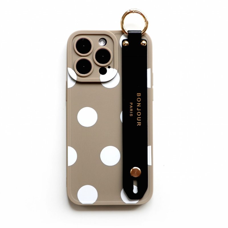 iPhone 15/14/13/12 milk gray sesame white dot hand strap mobile phone case - เคส/ซองมือถือ - พลาสติก สีกากี