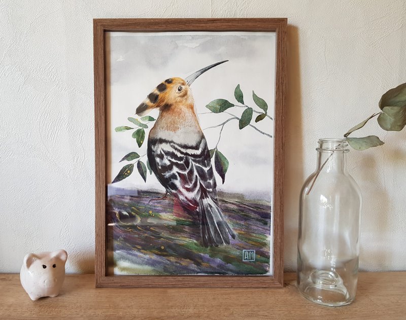 Original Watercolor artwork handmade framed - bird Hoopoe - ตกแต่งผนัง - วัสดุอื่นๆ 