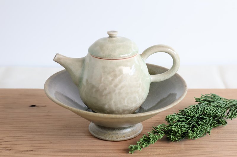 冰裂棕綠高足盤/冰裂綠灰壺 - 茶壺/茶杯/茶具 - 陶 