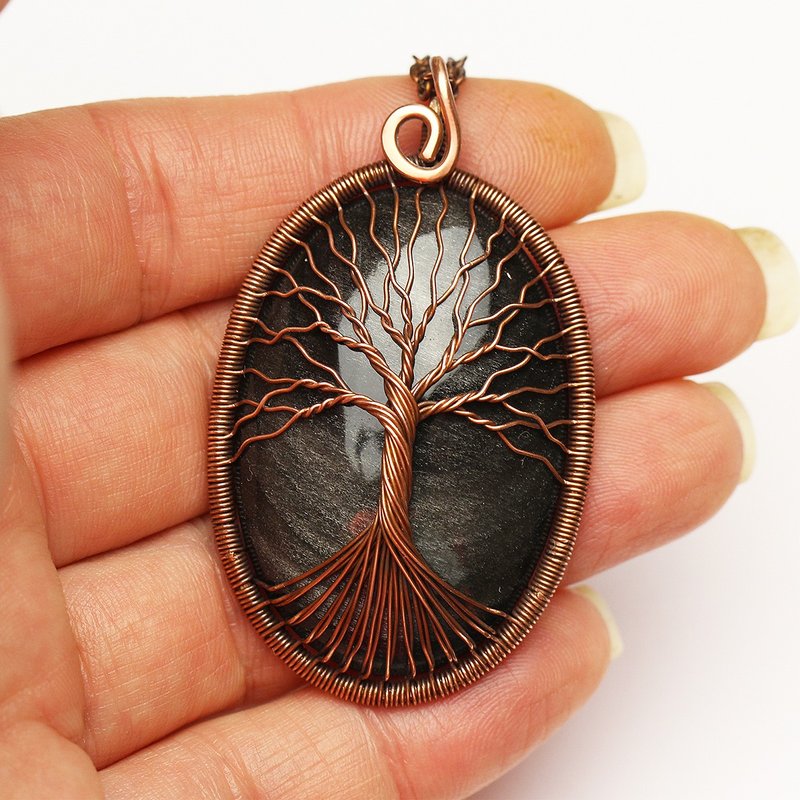 Golden Obsidian Necklace Copper Jewelry Tree Of Life Pendant Keepsake Necklace - สร้อยคอ - เครื่องประดับพลอย สีดำ