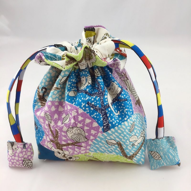 Cotton double-sided pockets / debris bag / cosmetic bag / toy bag - lazy cat + colorful forest - กระเป๋าเครื่องสำอาง - ผ้าฝ้าย/ผ้าลินิน 