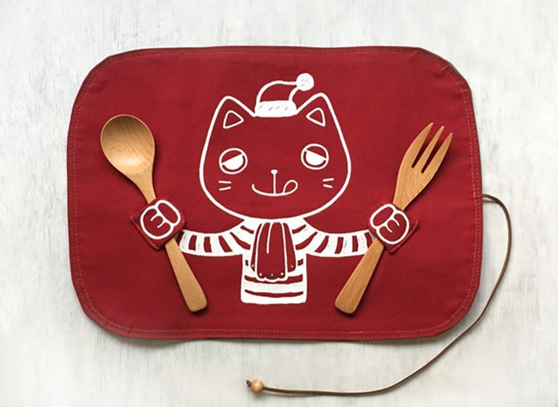 聖誕派對 貪吃小貓收納餐墊 / 紅 / 交換禮物 - 桌布/桌巾/餐墊 - 棉．麻 紅色